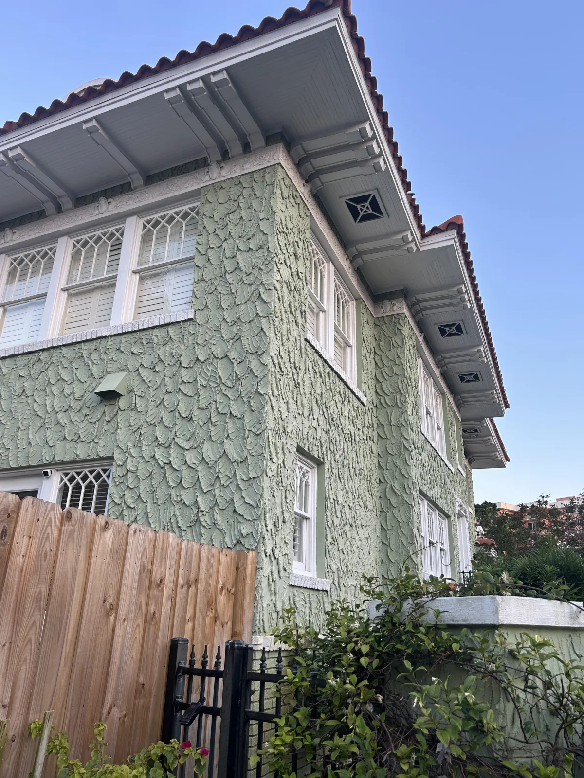 Green textured stucco on large house