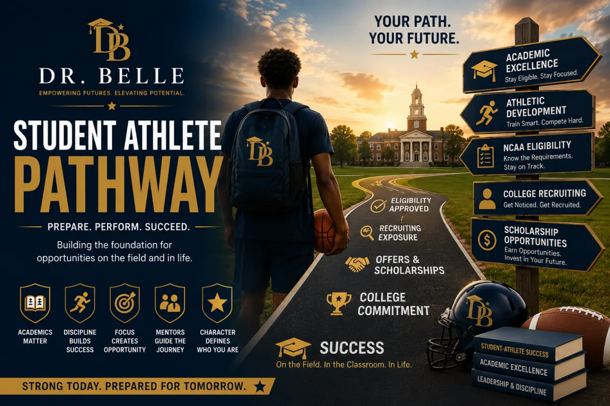 Student Athlete Pathway category image featuring college recruiting resources, athletic development, academic planning, NCAA preparation, and scholarship opportunities for student-athletes.