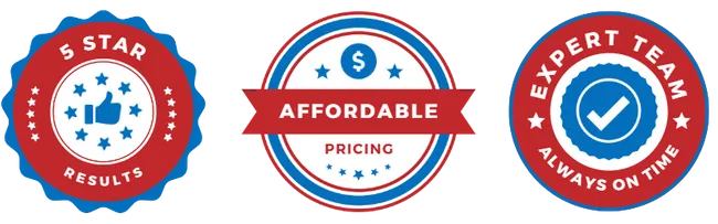 Three badges highlighting service benefits: 5-star results, affordable pricing, and an expert team that is always on time.