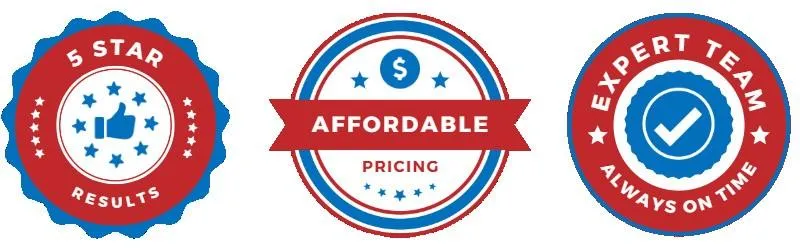 Three badges highlighting service quality: "5 Star Results," "Affordable Pricing," and "Expert Team Always On Time."