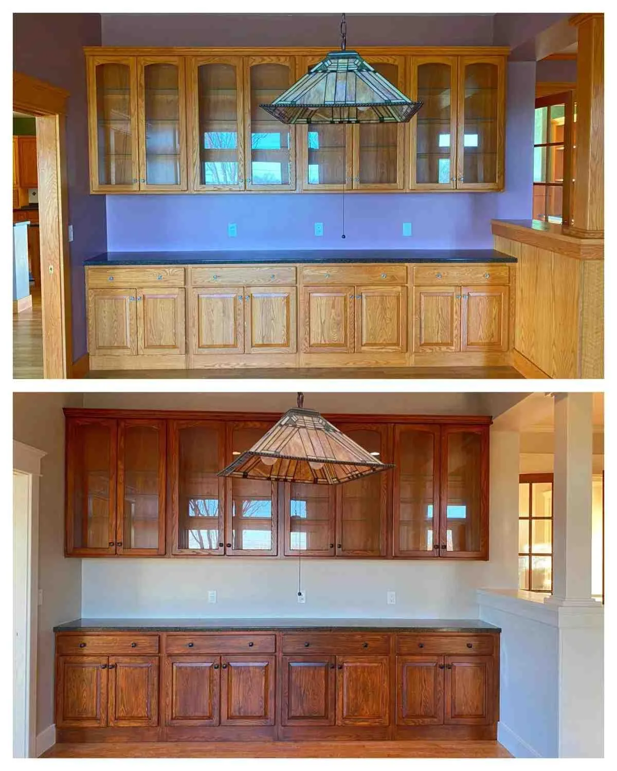 Two side-by-side images of a kitchen cabinet area, showcasing a color change from light oak to dark wood, with a glass pendant light above.