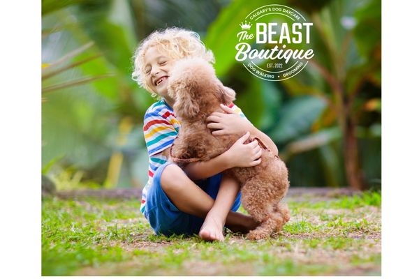 a little kid hugs a scruff dog