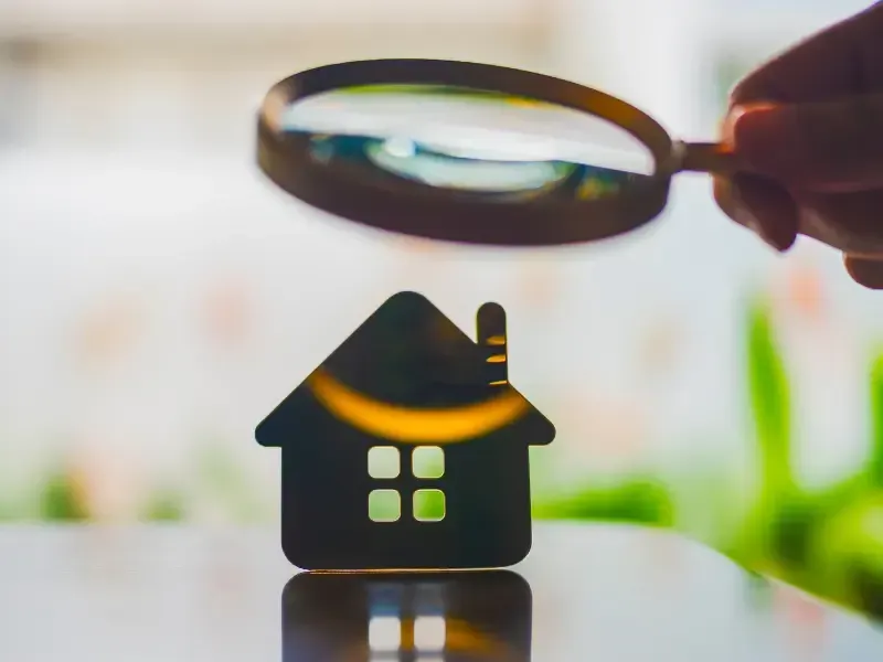 Magnifying glass held above a small dark house figure, representing close property inspection