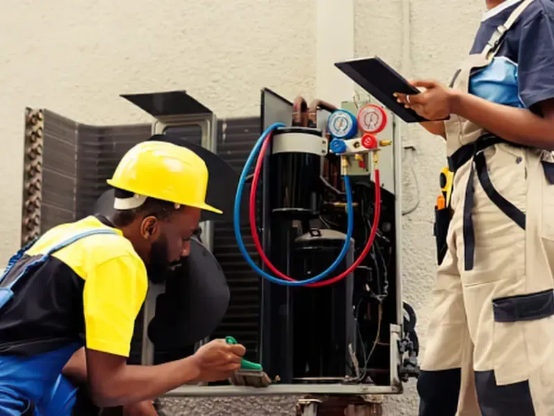HVAC technicians inspecting an outdoor condenser unit with pressure gauges.