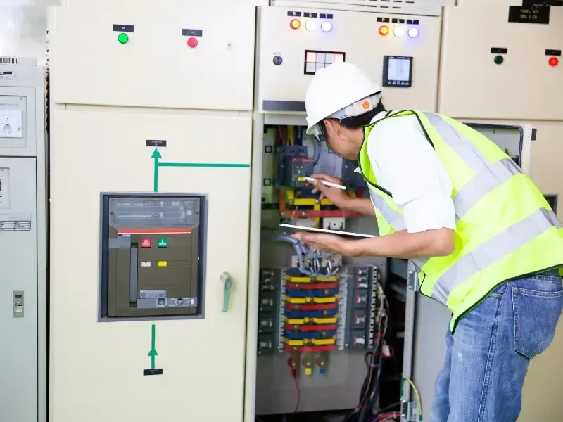 Electrician inspecting a panel's breakers and busbars while recording notes on a clipboard.