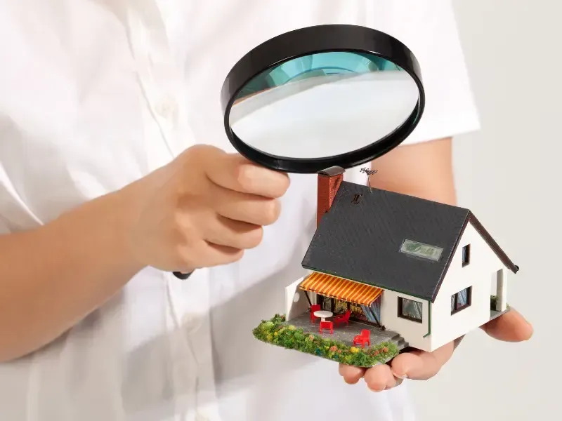 Person examining a small model house with a magnifying glass, symbolizing a detailed home inspection.