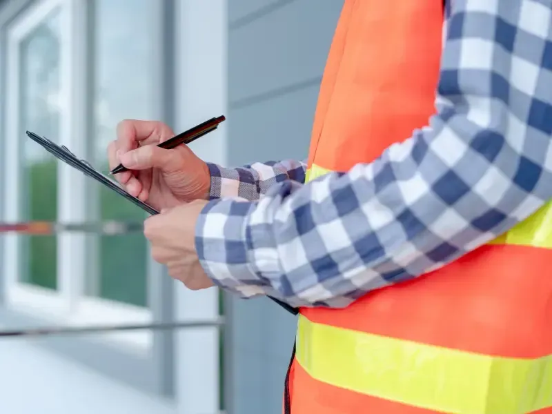 Close-up of an inspector's hands writing notes on a clipboard during a home inspection.