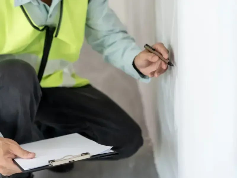 Inspector in safety vest marking a wall during a foundation inspection.