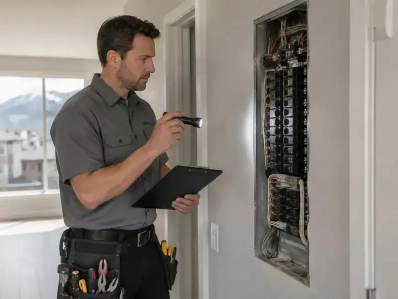 Residential property inspector using a flashlight and clipboard to evaluate an electrical panel during a home inspection.