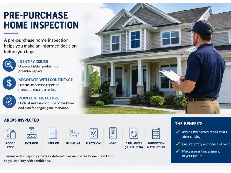 Infographic explaining a pre-purchase home inspection, including a house cutaway diagram and inspection checklist.