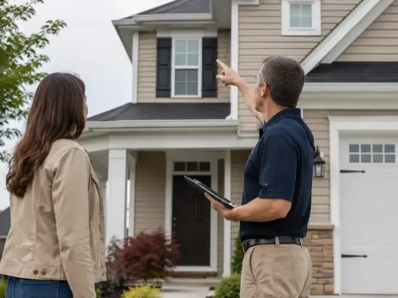 Home inspector pointing out exterior details to a homebuyer during a home inspection before buying.