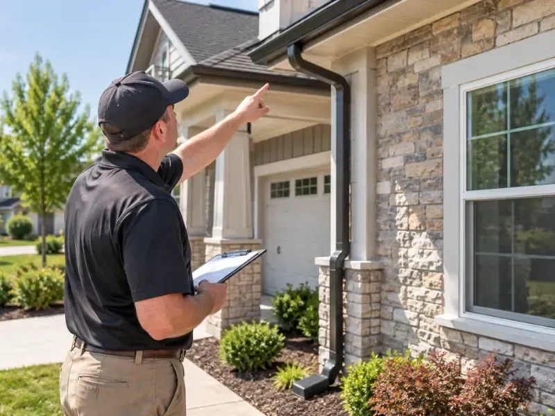 Home inspector pointing at roof gutters while inspecting the exterior of a new house with a clipboard.
