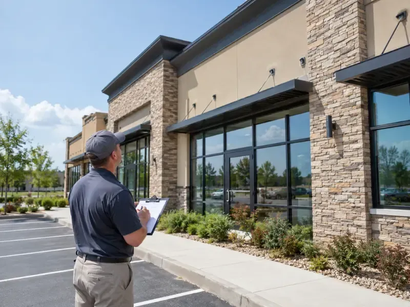 Inspector reviewing exterior condition of commercial retail building with clipboard.