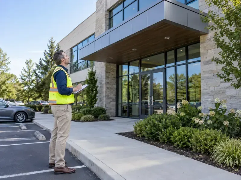 Building inspector in a safety vest reviewing a clipboard while assessing the exterior facade and entrance of a commercial office building.