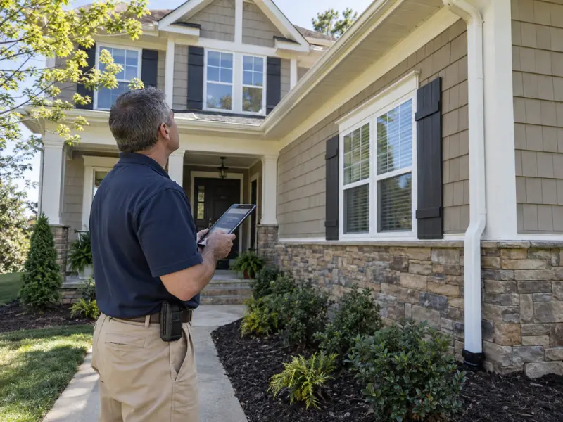 Home inspector reviewing notes on a tablet while assessing the exterior of a two-story house.