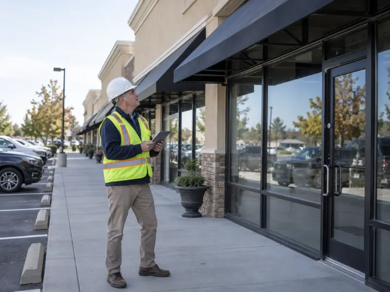 Commercial building inspector in hard hat and safety vest reviewing a tablet while inspecting a retail storefront exterior and awnings.