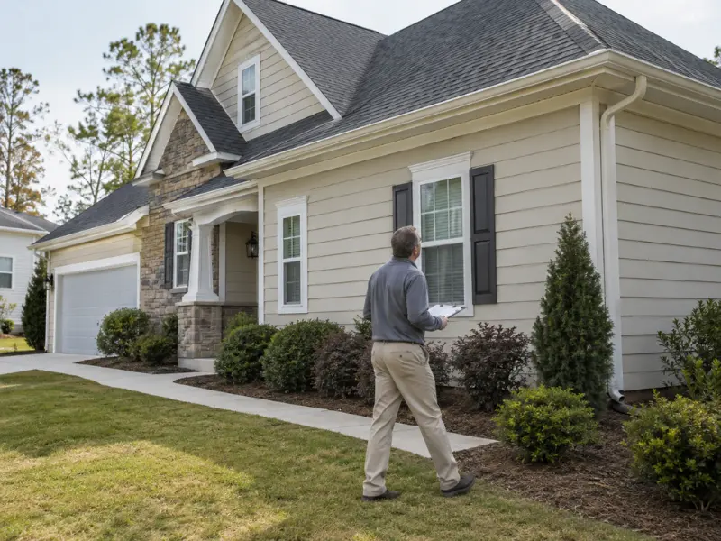 Residential property inspector with a clipboard reviewing the exterior roof, siding, and shutters of a single-family home.
