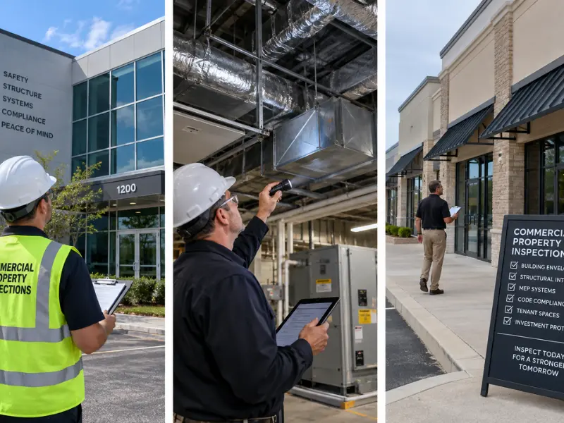 Three-panel view of a commercial property inspection: exterior building review, HVAC ductwork check, and walk-through with checklist.
