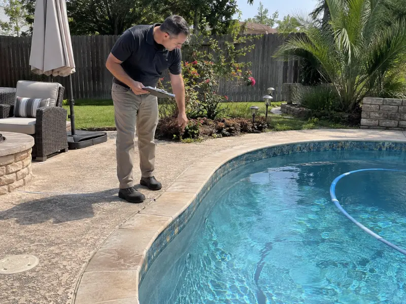 Pool inspector checking the pool deck and tile edge for cracks and damage during a backyard inspection.