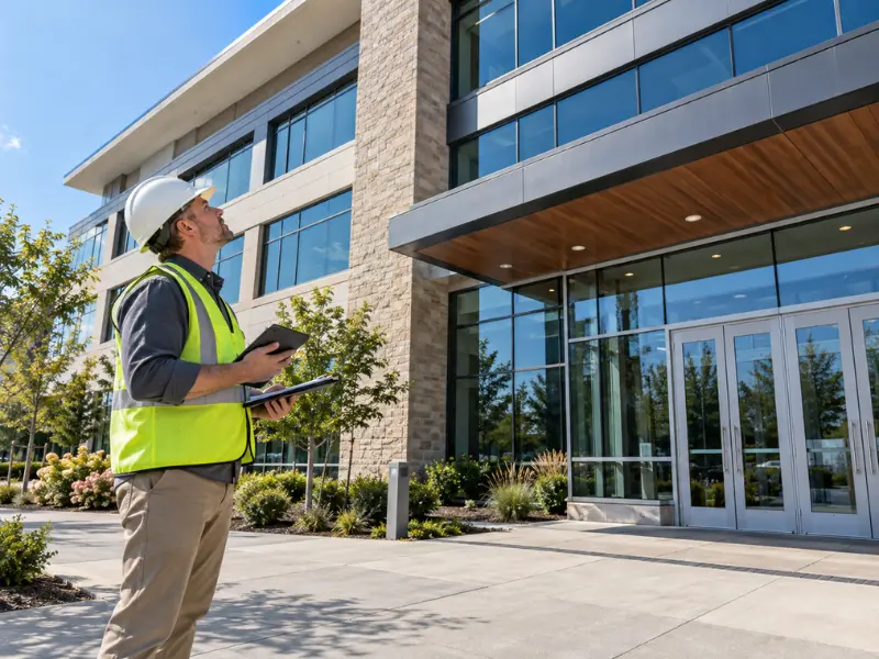 Inspector in a hard hat and safety vest reviewing a commercial office building exterior with a tablet.