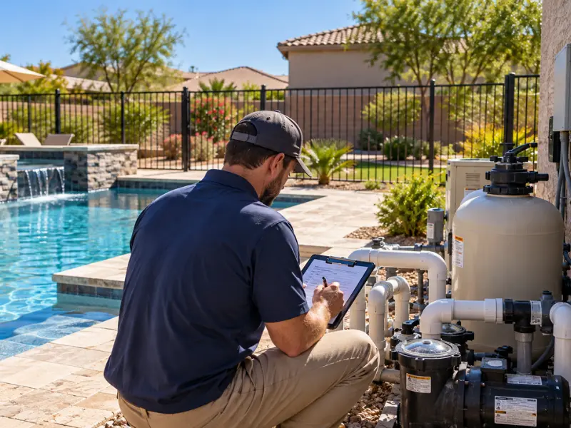 Pool inspector in a navy shirt and cap kneeling beside a pool filter, pump, and plumbing, taking notes on a clipboard during a Gilbert pool inspection..