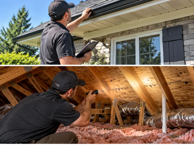 Split image of a home inspector checking roof eaves outside and inspecting attic insulation with a flashlight.