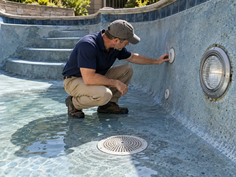 Pool inspector examining underwater fittings, drain covers, and pool lights inside a partially drained residential swimming pool.