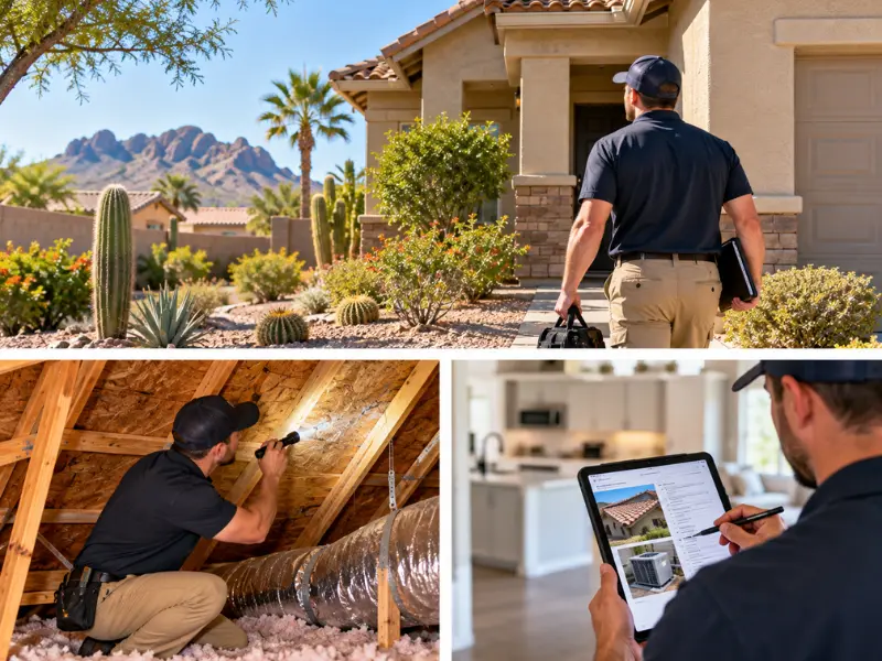 Home inspector arriving at a desert-landscaped Arizona home, shown with an attic insulation and ductwork inspection and a tablet inspection report.
