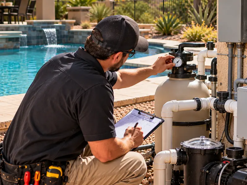 Inspector checking the filter pressure gauge on pool equipment while noting findings on a clipboard.
