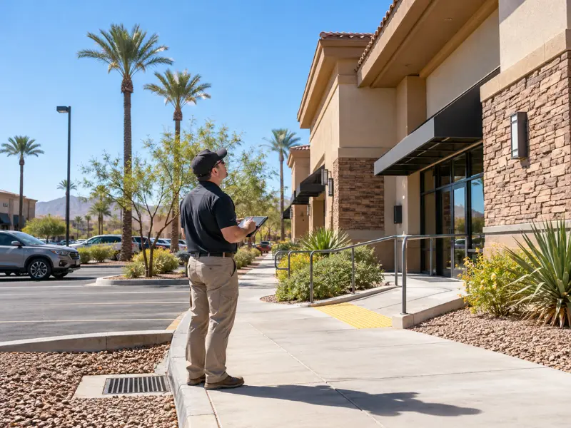 Property inspector with a tablet assessing the exterior of a retail building, walkway, and parking lot.