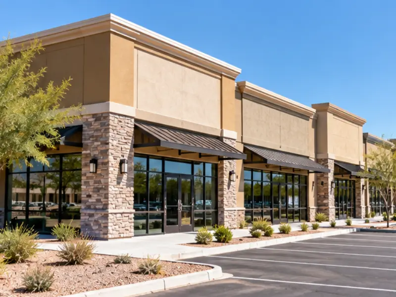 Scottsdale strip center with stone-accented storefronts and desert landscaping, ready for a commercial property inspection.