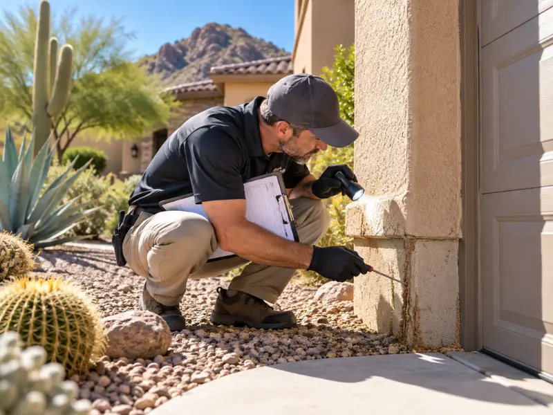 Pest inspector in gloves using a flashlight and probe tool to examine the base of a stucco wall beside a garage door for signs of pest activity.