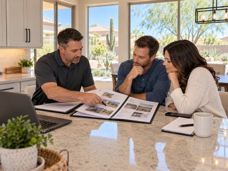 Home inspector reviewing a photo-filled inspection report with a couple at a kitchen island during a residential property inspection consultation.