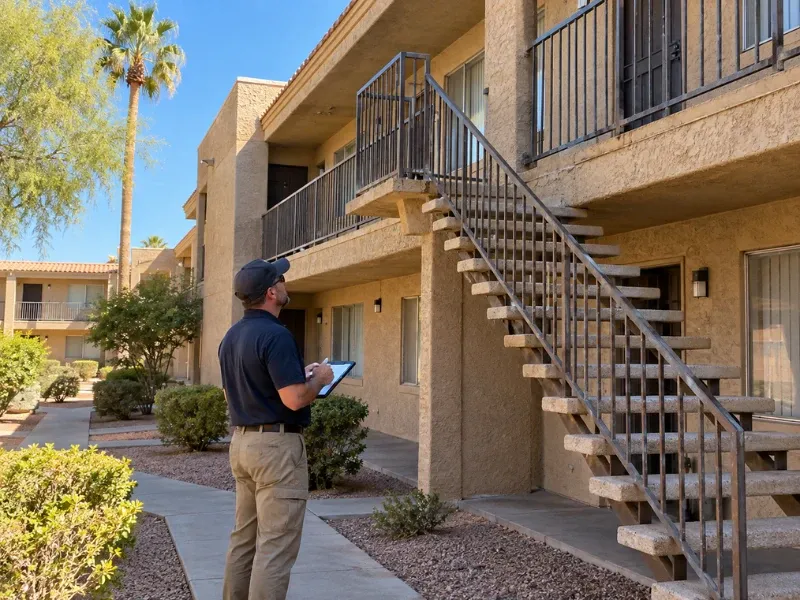 Property inspector examining the exterior stairs and balconies of a multi-story apartment complex during a commercial inspection.