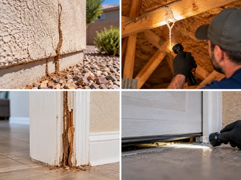 Four-panel view of termite inspection showing a mud tube on a stucco wall, an attic beam check, damaged door frame, and garage door gap inspection.