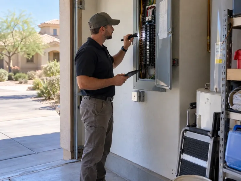 Home inspector examining an electrical panel with a flashlight and tablet during a home inspection.