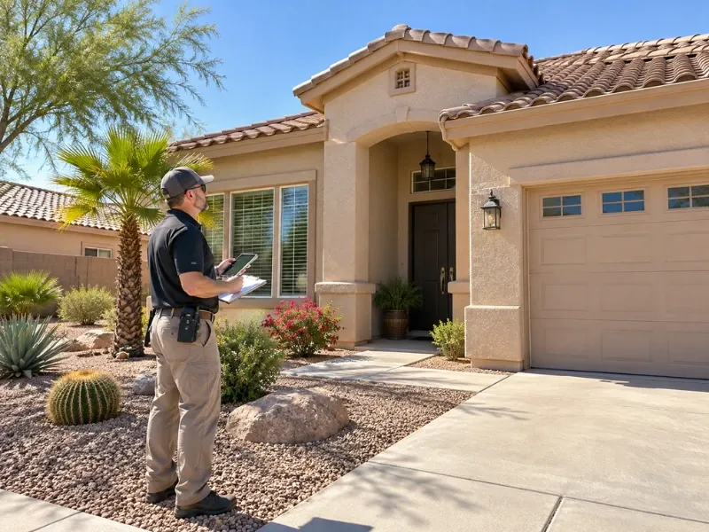 Property inspector reviewing a checklist outside a stucco home with a tile roof before an inspection.