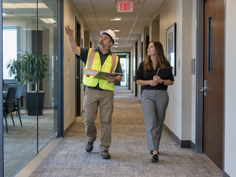 Commercial building inspector examining the office interior with a property manager during an office building inspection.