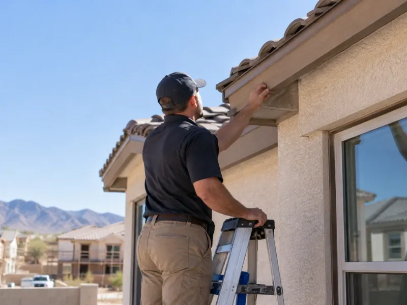 Inspector on a ladder checking the roof eave and fascia of a new stucco home during a new construction inspection.
