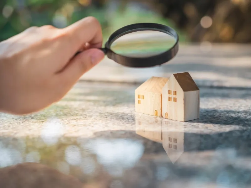 Magnifying glass held over small wooden house models, representing a family home inspection.