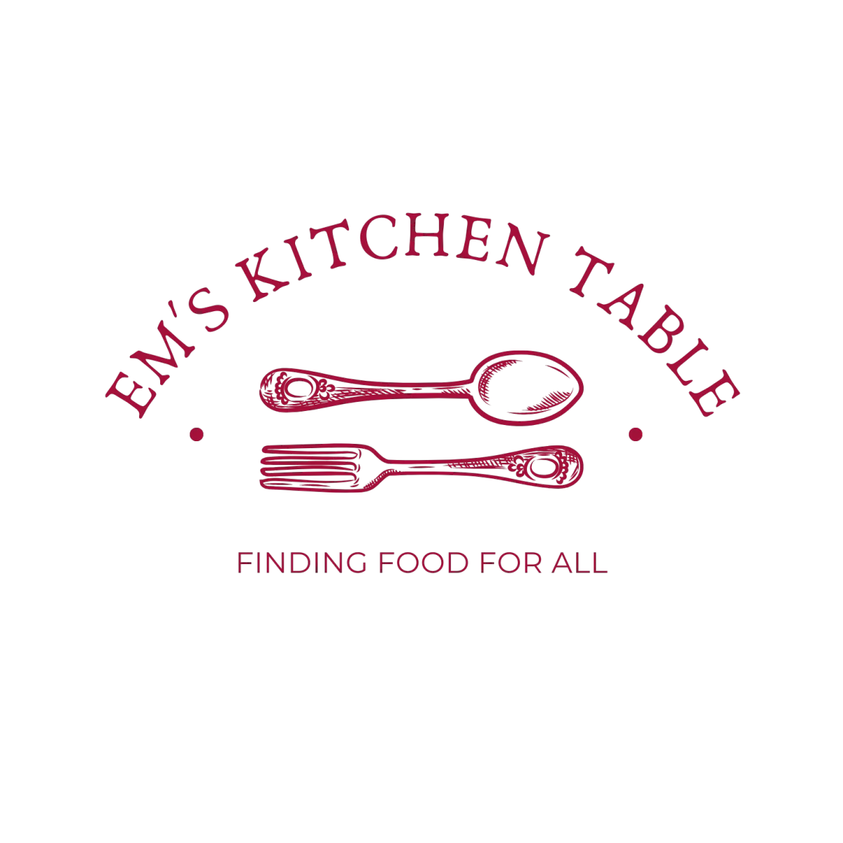 A burgundy fork and spoon with the text Em's Kitchen Table arced over the top and the caption Finding Food For All at the bottom
