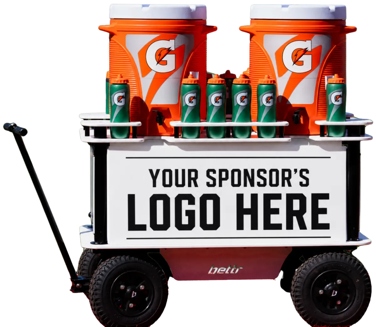 Premium athletic sideline hydration cart angled mockup with bold sponsor branding