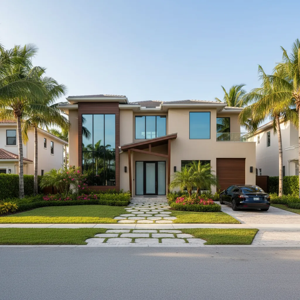 An aerial or wide-angle view of Boca Raton’s iconic Mediterranean Revival architecture, featuring pink-hued buildings, palm trees, and lush landscaping under a clear blue Florida sky.
