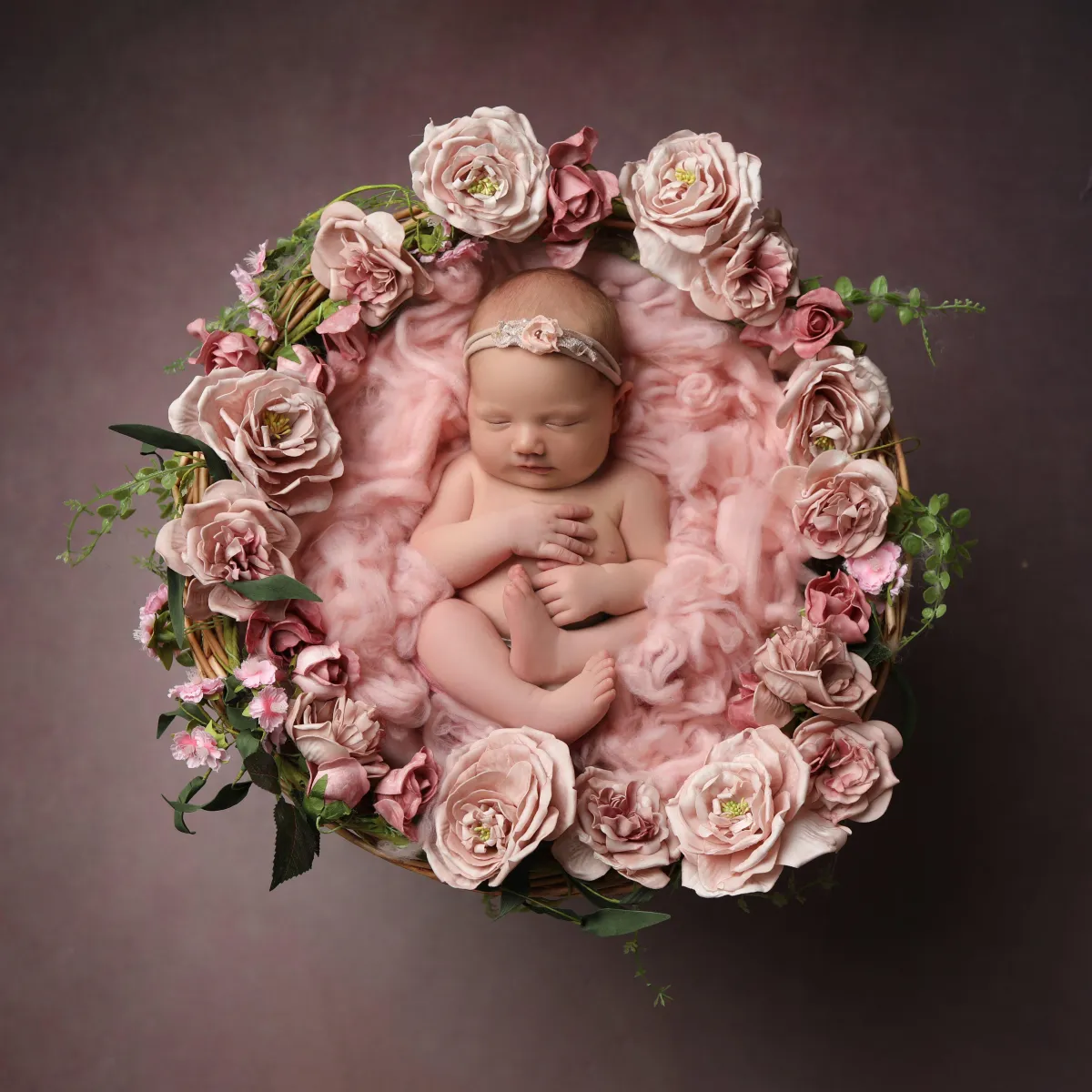 Baby in a bundle of pink roses - taken by professional photographer in Loughborough