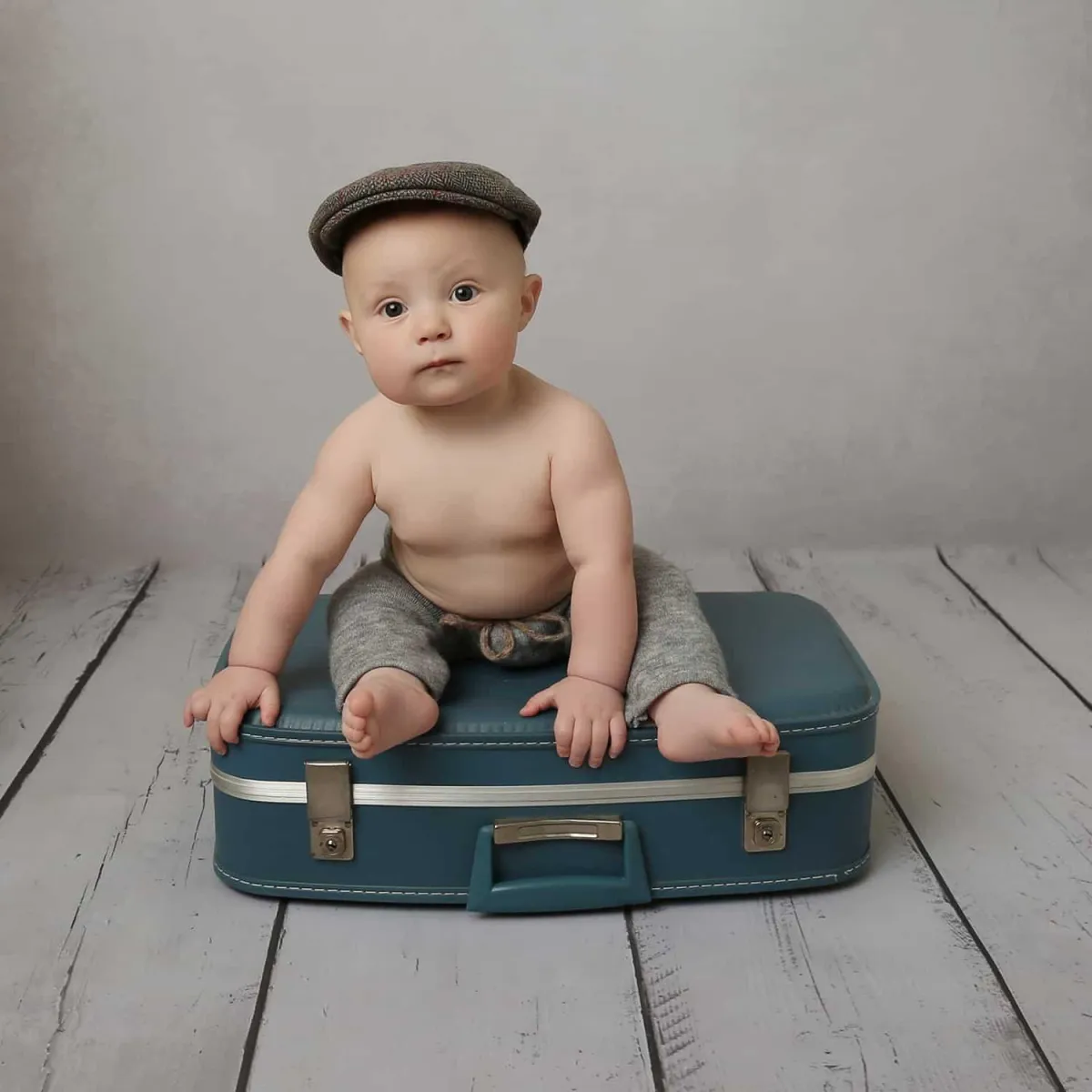 Baby sitting on suitcase lookng at camera for Baby Art Studios Gallery