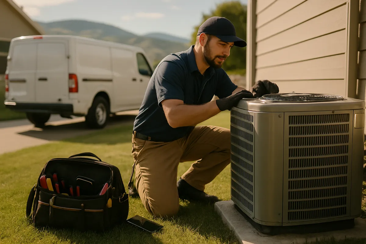 HVAC technician servicing an outdoor unit while HVAC AI answers incoming customer calls for the company