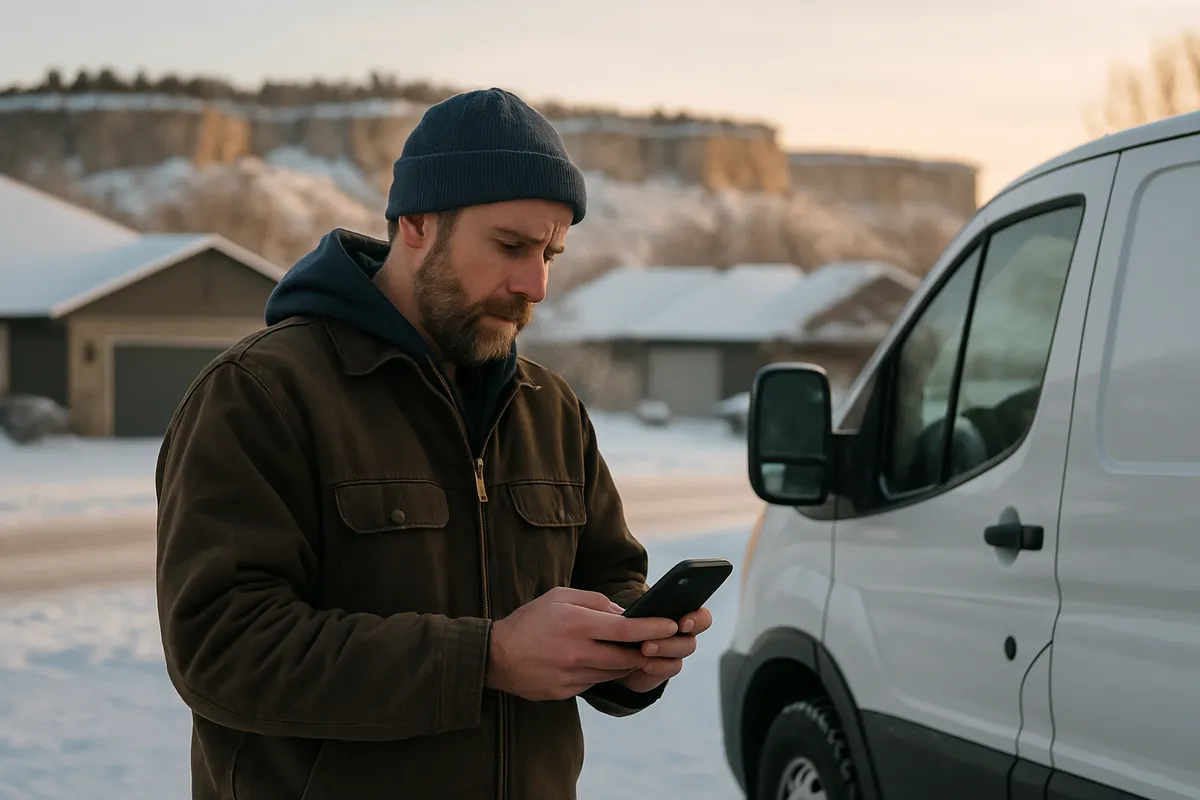 Billings plumber in a snowy driveway using business texting for contractors to update a Montana homeowner