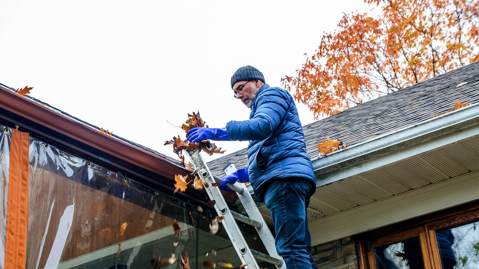 Man on an extension ladder wearing safety gloves to remove dry autumn leaves from a residential roof gutter.