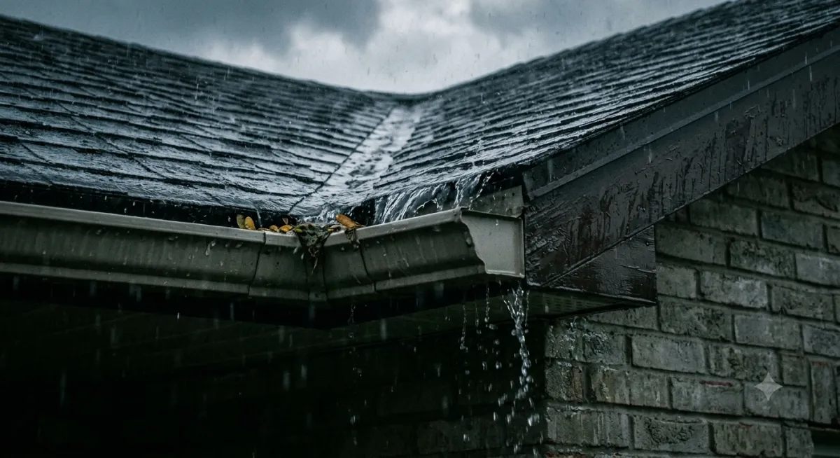 Heavy summer rainstorm pouring water off a residential roof into a clean, wide seamless eavestrough system on an Ottawa home.