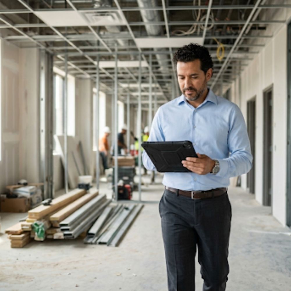 construction project manager reviewing remodel plans